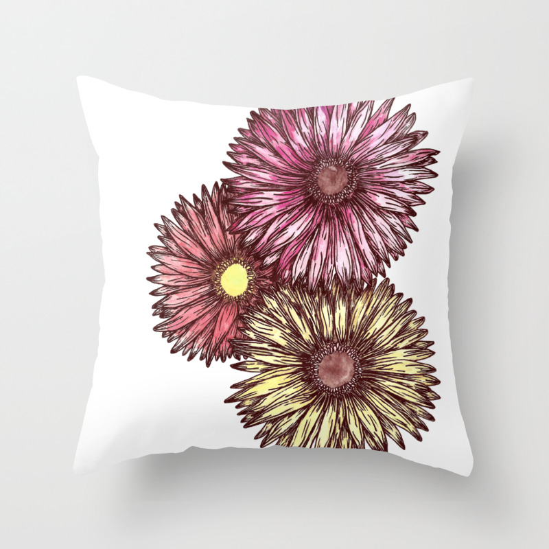 Pink And Yellow Gerber Daisies Watercolor And Ink Painting Throw