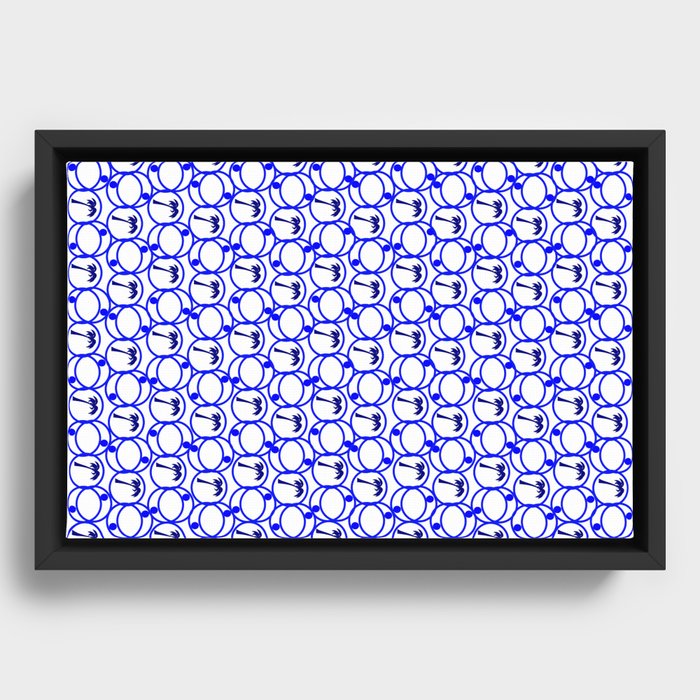 Blue and White Geometric Pattern With Palm Trees Framed Canvas