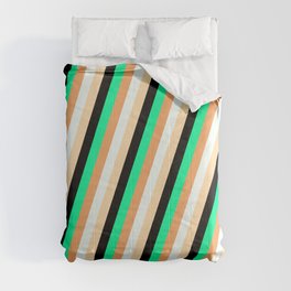 [ Thumbnail: Eye-catching Green, Brown, Mint Cream, Tan, and Black Colored Lines/Stripes Pattern Comforter ]