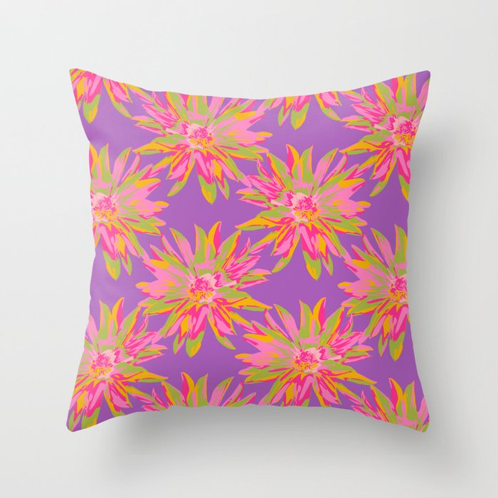 DAHLIA BURSTS Abstract Floral Summer Bright Botanical in Fuchsia Pink Yellow Lime Green on Violet Purple - UnBlink Studio by Jackie Tahara Throw Pillow
