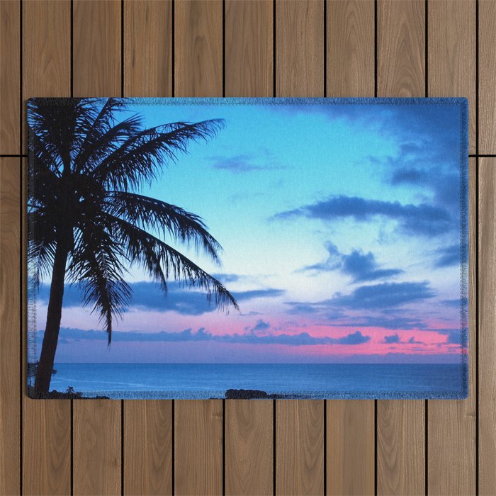 Tropical Island Beach Ocean Pink Blue Sunset Photo Outdoor Rug