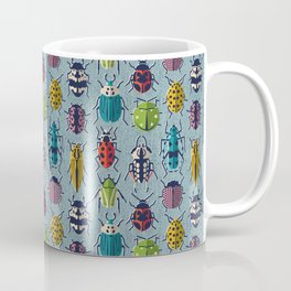 These don't bug me // duck egg blue background green yellow neon red orange pink blue and black and ivory retro paper cut beetles and insects Coffee Mug