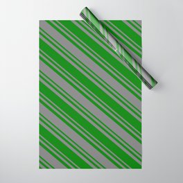 [ Thumbnail: Green & Gray Colored Stripes Pattern Wrapping Paper ]