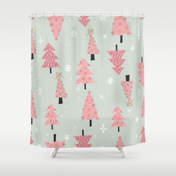  Pink Christmas Tree Small Stall Shower Curtains Set with 9  Hooks-36 x 78 Inch Waterproof Bath Curtains, Pink Xmas Tree Winter  Snowflake Rustic Privacy Curtain Panel Bathroom Accessories for Bathtub 