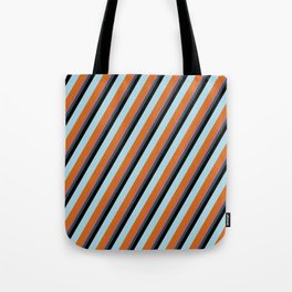 [ Thumbnail: Orchid, Dark Slate Gray, Black, Light Blue & Chocolate Colored Striped/Lined Pattern Tote Bag ]