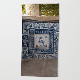 Blue azulejos on a bench in Alfama, Lisbon, Portugal - summer street and travel photography Beach Towel