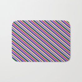[ Thumbnail: Crimson, Sky Blue, Purple, Dark Green, and Beige Colored Lined/Striped Pattern Bath Mat ]