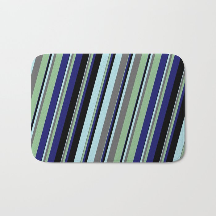 Powder Blue, Dim Gray, Dark Sea Green, Midnight Blue, and Black Colored Lines/Stripes Pattern Bath Mat