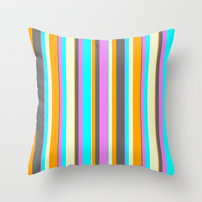 Eye-catching Orange, Dim Grey, Violet, Cyan & Light Yellow Colored Pattern of Stripes Throw Pillow