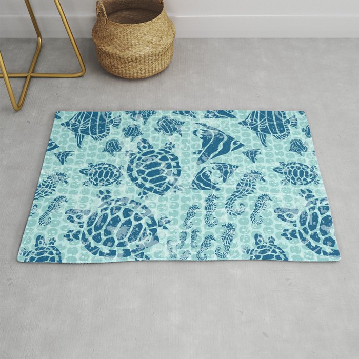 Sea Life Print with Fish Turtles and Seahorses in Ocean Blue Teal Rug