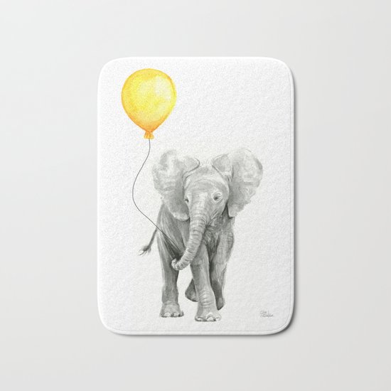 Elephant Watercolor Yellow Balloon Whimsical Baby Animals Bath Mat