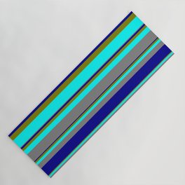 [ Thumbnail: Green, Cyan, Grey, and Dark Blue Colored Striped Pattern Yoga Mat ]