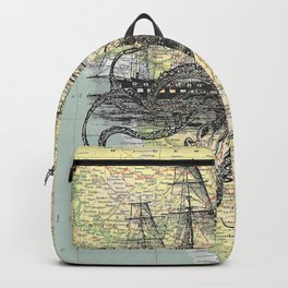 Octopus Attacks Ship on map background Backpack