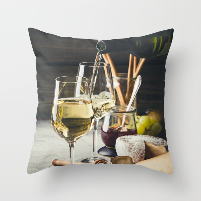 White wine pouring into glasses with charcuterie assortment Throw Pillow