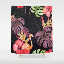 Seamless pattern of hibiscus flower, flamingos and tropical plants painted with watercolor. Colorful style fantasy. Hand drawn floral pattern illustration.  Shower Curtain