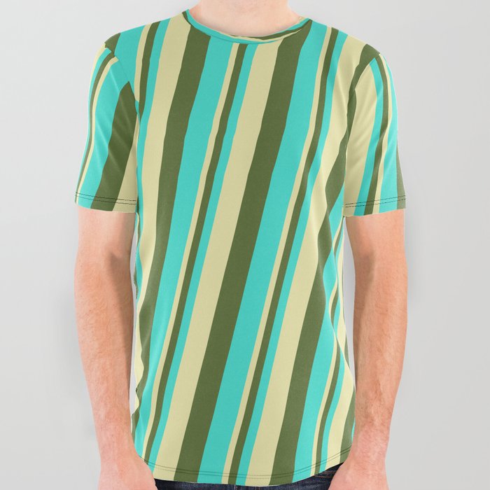 Pale Goldenrod, Dark Olive Green & Turquoise Colored Lines Pattern All Over Graphic Tee