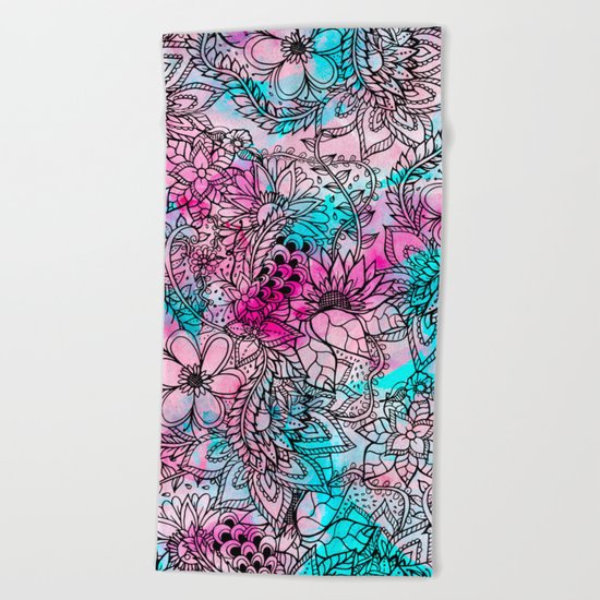 Modern pink turquoise floral watercolor handdrawn pattern Beach Towel