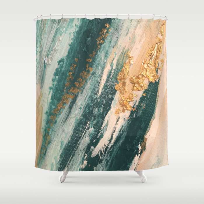 Teal And Gold Glam Abstract Painting, Abstract Painting Shower Curtain