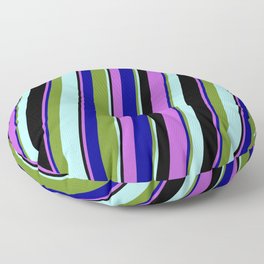 [ Thumbnail: Eyecatching Orchid, Dark Blue, Green, Turquoise, and Black Colored Stripes/Lines Pattern Floor Pillow ]