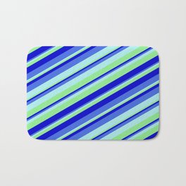 [ Thumbnail: Turquoise, Light Green, Blue, and Royal Blue Colored Stripes/Lines Pattern Bath Mat ]
