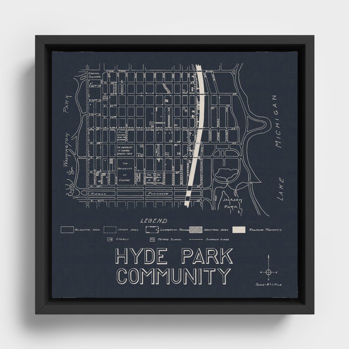 Hyde Park Chicago Map in Navy Blue Framed Canvas