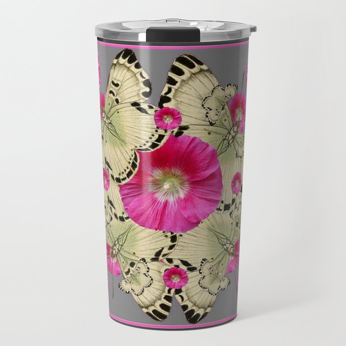 CHARCOAL GREY PINK FLOWERS YELLOW BUTTERFLIES Travel Mug