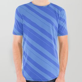 [ Thumbnail: Cornflower Blue & Royal Blue Colored Lined/Striped Pattern All Over Graphic Tee ]