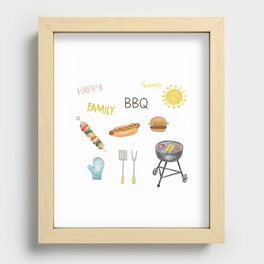 BBQ Stickers, Hand drawn, Family Time, Spring, Summer, Hamburger, Hotdog, Sun, Corn, Chicken Kebab Recessed Framed Print