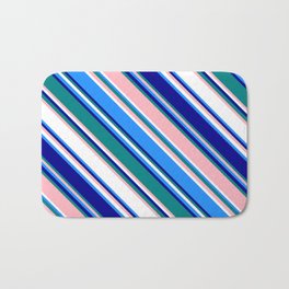 [ Thumbnail: Colorful Blue, Dark Blue, Teal, Light Pink, and White Colored Lines Pattern Bath Mat ]