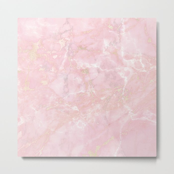 Rose Gold Metal Foil on Pink Marble  -  Summer Girl Metal Print