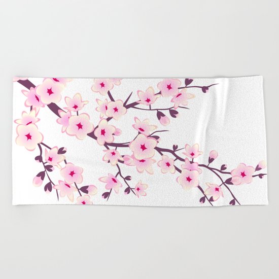 Cherry Blossom Pink White Beach Towel
