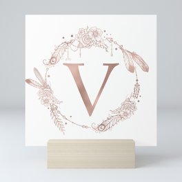 Letter V Rose Gold Pink Initial Monogram Mini Art Print