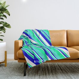 [ Thumbnail: Blue, White, Green, and Turquoise Colored Striped/Lined Pattern Throw Blanket ]