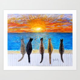 Cat Beach Sunset - Fiery Sky Art Print