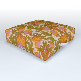Orange, Pink Flowers and Green Leaves 1960s Retro Vintage Pattern Outdoor Floor Cushion