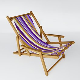 [ Thumbnail: Indigo, Purple, Dark Goldenrod & Light Yellow Colored Lined Pattern Sling Chair ]