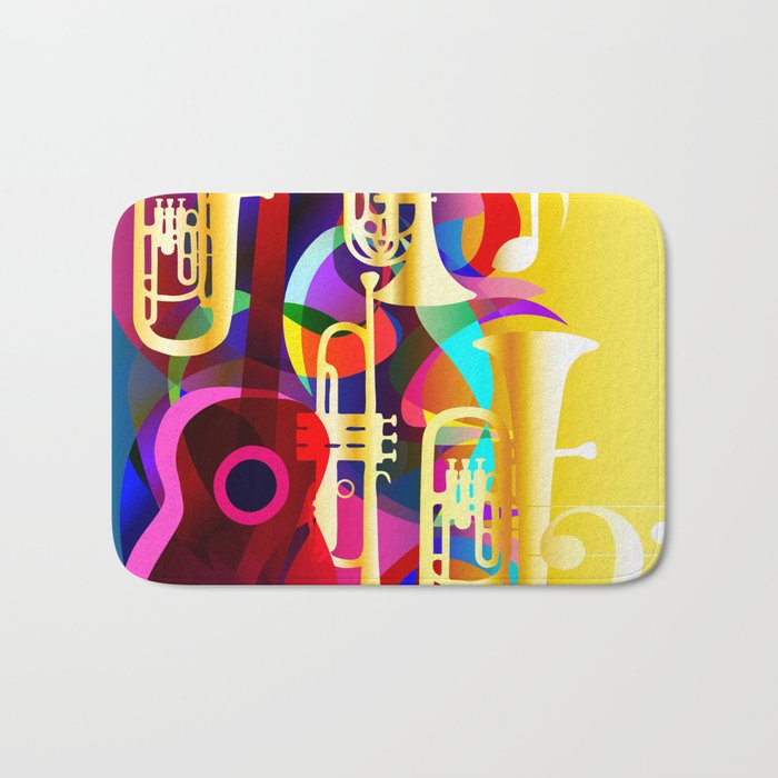Colorful music instruments with guitar, trumpet, musical notes, bass clef and abstract decor Bath Mat