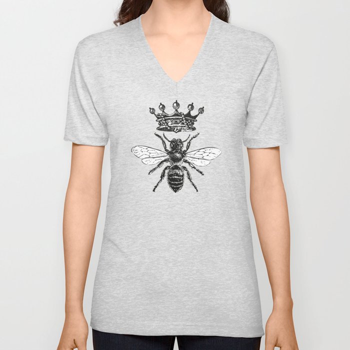 Queen Bee No. 1 | Vintage Bee with Crown | Black and White | V Neck T Shirt