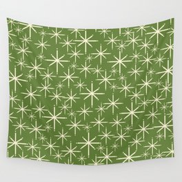 Atomic Age Starbursts - Mid Century Modern Pattern in Cream and Retro Christmas Green Wall Tapestry