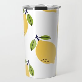 Lemon fruit seamless pattern. Hand drawn illustration. Exotic food. Yellow citrus with leaves Travel Mug