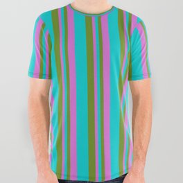 [ Thumbnail: Green, Dark Turquoise, and Orchid Colored Lined/Striped Pattern All Over Graphic Tee ]