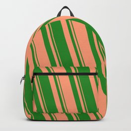 [ Thumbnail: Forest Green & Light Salmon Colored Lined/Striped Pattern Backpack ]