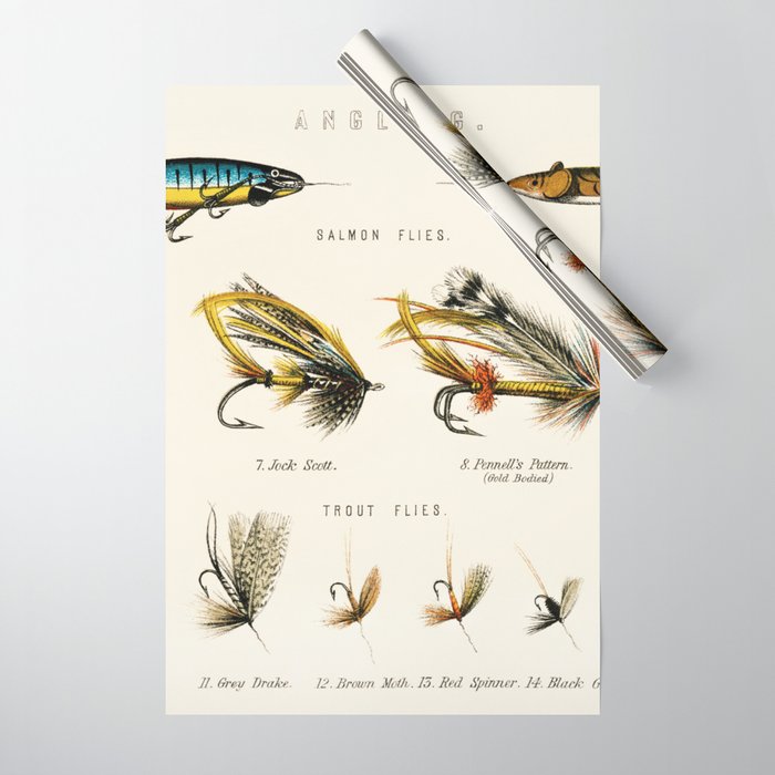 Illustrated Freshwater Fish Angling baits and fishing flies chart Wrapping  Paper by Atlantic Coast Arts and Paintings