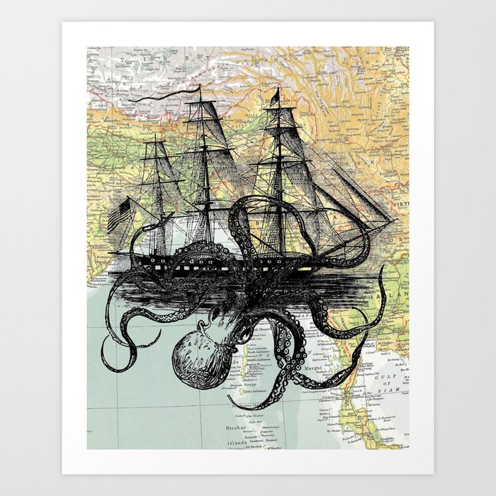 Octopus Attacks Ship on map background Art Print
