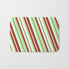 [ Thumbnail: Mint Cream, Red & Green Colored Lined Pattern Bath Mat ]