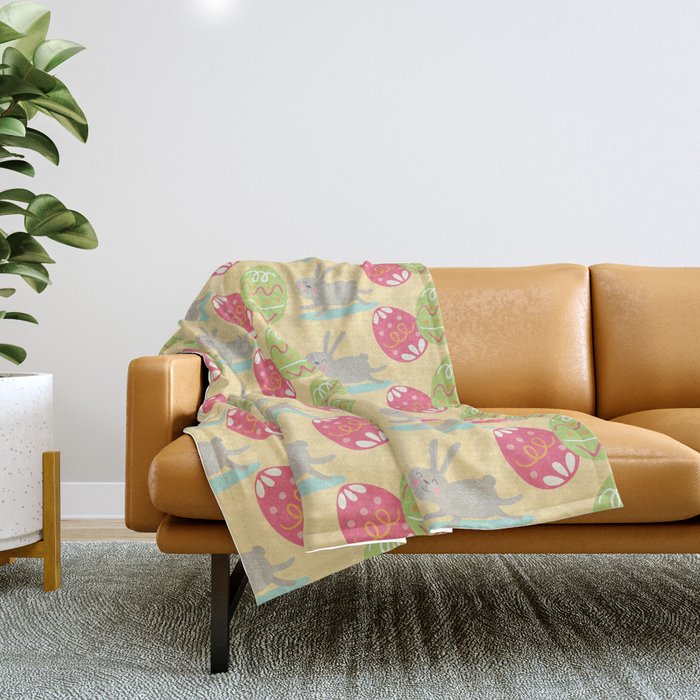 Colorful Pastel Easter Egg Rabbit Pattern Throw Blanket