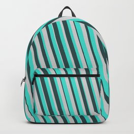 [ Thumbnail: Turquoise, Dark Slate Gray, and Light Gray Colored Pattern of Stripes Backpack ]
