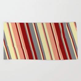 [ Thumbnail: Grey, Dark Red, Dark Salmon, and Pale Goldenrod Colored Striped Pattern Beach Towel ]