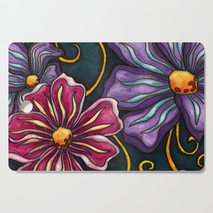 Purple and pink large flowers painting, colorful boho blossom art Cutting Board