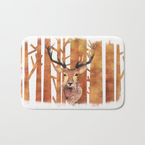 Proud deer in forest- Watercolor Illustration Bath Mat